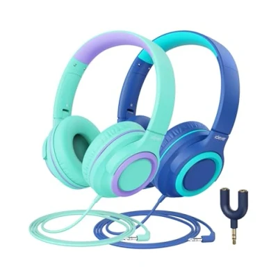 Abbildung von iClever Kinder Kopfhörer mit Sharing Splitter [2 Pack] 94dB Safe Volume Limited HS22 für Kabel, Tangle Free 3.5mm Jack Foldable Stereo Schule/Tablet/Reisen