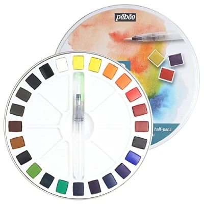 Abbildung von Pébéo Aquarell feine Box rund enmetal 24 halbe Eimer Malerei KITAquarell Palette (Verpackung kann variieren)