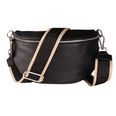 Abbildung von MIRROSI Bauchtasche Damen, Echtleder, Made in Italy, Umhängetasche, Brusttasche, (Schultertasche für jeden Anlass (1 Tasche &amp; 2 Gurte), Crossbody Bag, Schwarz, gemusterten&amp; verstellbaren Schulterriemen