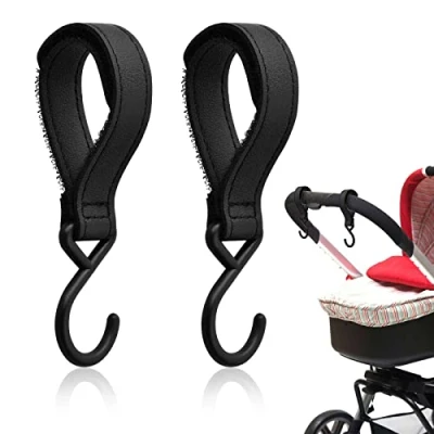Abbildung von Laughhe 2 Stück Kinderwagen Haken für Taschen, Leder Buggy Clips Träger Befestigungshaken EinkaufsTaschen Windel Taschen und Handtaschen, Zubehör