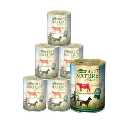 Abbildung von Dehner Best Nature Hundefutter, Nassfutter getreidefrei, für ausgewachsene Hunde, Rind / Reis Distelöl, 6 x 400 g Dose (2.4 kg)