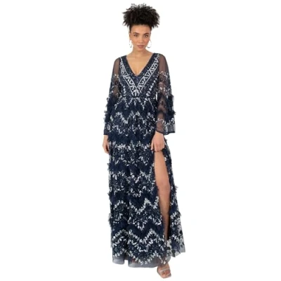 Abbildung von Maya Deluxe Damen Ladies Womens Maxi Dress V Neckline Sequin with Ruffle Empire Waist Slit Split for Prom Ball Bridesmaid Wedding Guest Kleid, Navy, 56