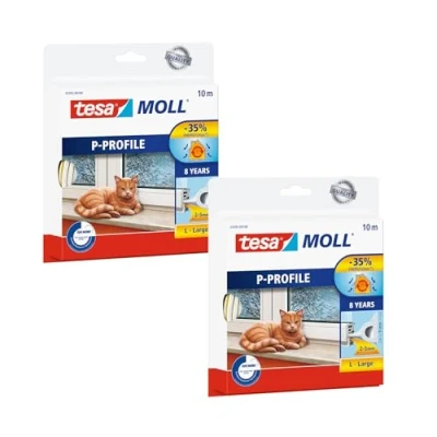 Abbildung von tesamoll P Profil Gummidichtung im 2er Pack Selbstklebende Dichtung zum Isolieren von Spalten an Fenstern und Türen Weiß 2x 10 m x 9 mm 5,5