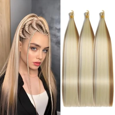 Abbildung von Locescsoc 24 Inch Straight Hair Extensions 150g 3 Packs Bone Braiding Hair, Blond Ariel Ponytail Bundles, Ombre Soft Synthetic Crochet Box Braids for Women (27/613#)