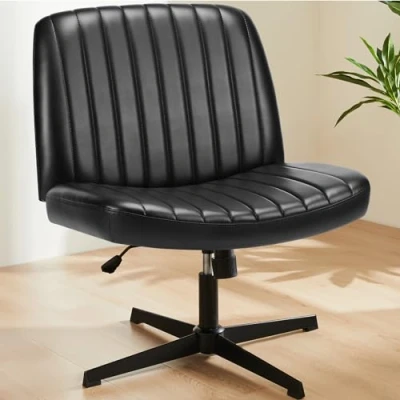 Abbildung von Sweetcrispy Bürostuhl Ohne Armlehnen, Schreibtischstuhl mit PU Leder, Lesesessel Breiterem Polster zum Sitzen im Schneidersitz Stuhl, Höhenverstellbar, 360 Drehstuhl für Haus, Beige, Schwarz