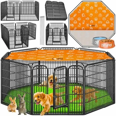 Abbildung von LovPet Welpenlaufstall Freilaufgehege Welpenauslauf I Hundelaufstall XXL 8 Gitter je 80x80 cm Wetterfester Tierlaufstall mit Tür für Hund Katze Welpe Kaninchen Meerschweinchen Dach &amp; Erdankern