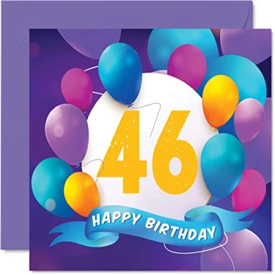 Abbildung von Geburtstagskarte zum 46. Geburtstag Männer und Frauen Ballon Party Happy Birthday Karten 46 Jahre alte Frau Bruder Schwester Mutter Vater Tante Onkel bester Freund Cousin 145 mm x