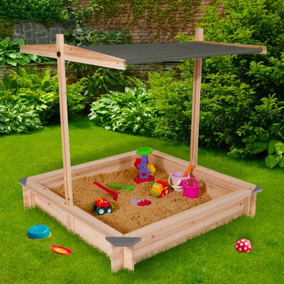 Abbildung von IDMarket Sandkasten für Kinder, Holz, mit Schiebedach, grau