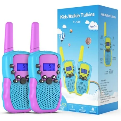 Abbildung von Kearui Spielzeug 3 12 Jahre Jungen Walkie Talkies für Kinder 8 Kanal Funkgerät mit VOX Funktion LED Taschenlampe, Meilen Reichweite Abenteuer im Freien, Camping, Wandern (Blau Violett)