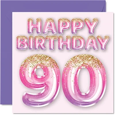Abbildung von Geburtstagskarte zum 90. Geburtstag für Frauen rosa und lila Glitzerballons Happy Karten 90 Jahre alte Frau Mama Great Nanny Grandma Gran, 145 mm x Ninety Ninetieth Grußkarten Geschenk