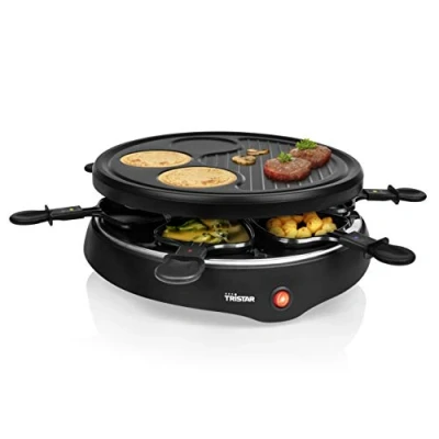 Abbildung von Tristar Raclette für bis zu 6 Personen mit Pfännchen und Crêpe Grill Bereich/Durchmesser 29 cm, 800 W, schwarz, RA 2998