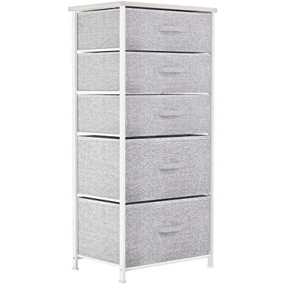 Abbildung von YITAHOME Kommode Schmal, Schrank mit 5 Schubladen aus Stoff, Aufbewahrungskommode Modernen Stil für Schlafzimmer, Wohnzimmer, Kinderzimmer, Flur, Hellgrau Aufbewahrungsschrank