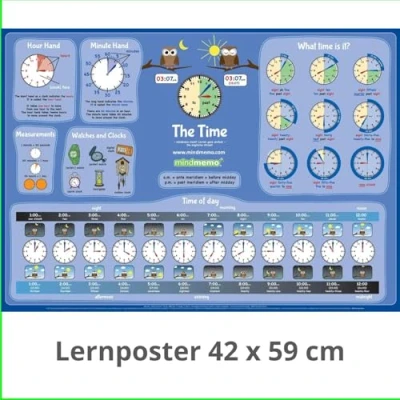 Abbildung von mindmemo Lernposter TIME Uhrzeit lernen Englisch für Kinder Uhr learning clock for kids Lernhilfe Zusammenfassung Poster DIN A2 42x59 cm ... PremiumEdition in Transportrolle