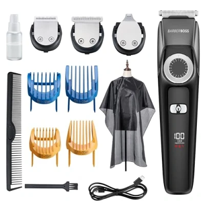 Abbildung von BarberBoss 3 in 1 Haar , Bart und Detailschneider, Haarschneider für Herren, Gesichtspflegeset, Präzisionsknopf, 4 Kämme, USB aufladbar, LED Licht, 100% wasserdicht, QR 6086