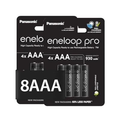 Abbildung von eneloop, AAA/Micro NI MH Akku, 8er Pack, Kapazität mit min. 2500 mAh, plastikfreier Verpackung, PRO, schwarz