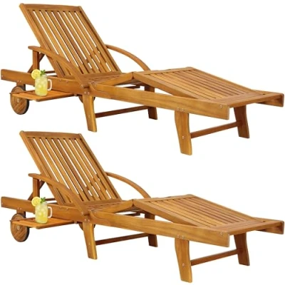Abbildung von Casaria® 2X Sonnenliege Holz Klappbar 320kg Belastbarkeit Tisch Fuß und Rückenteil variierbar Räder Ablage Garten Balkon Terrasse Gartenliege Akazie