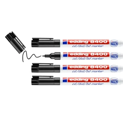 Abbildung von edding 8400 CD/DVD/BD Marker schwarz 4 Stift Rundspitze 0,5 1 mm für die dauerhafte Beschriftung von CDs, DVDs und Blu ray Discs