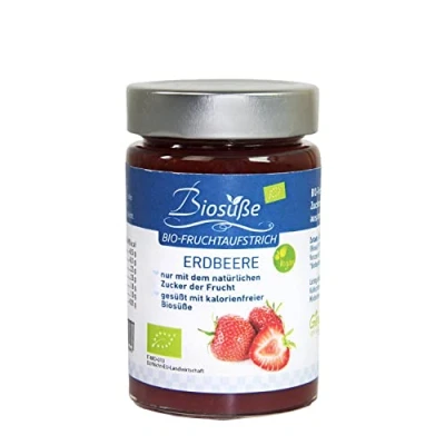 Abbildung von Biosüße Bio Fruchtaufstrich Erdbeere aus Italien ohne Zuckerzusatz mit Erythrit gesüßt, 60% Frucht, Xylit oder Stevia (220g)