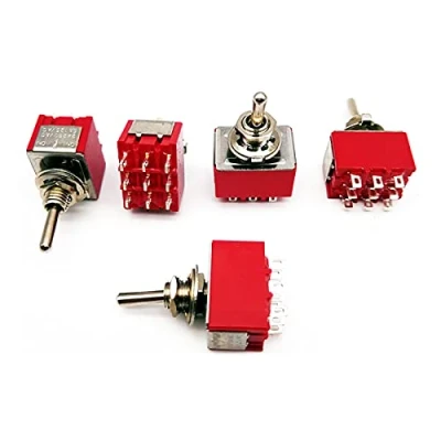 Abbildung von Mini Kippschalter 5 Stück MTS 303 Mikro 9 Pins 3 Positionen 120 V/5 A 250 V/2 ON DPDT Drucktastenschalter (Rot)