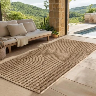 Abbildung von SIMPEX Indoor Outdoor Teppich Wetterfest pflegeleicht im natürlichen Jute Look, Sisal Wohnzimmer, Küche, Terrasse, Garten und Balkon, 80x250 cm