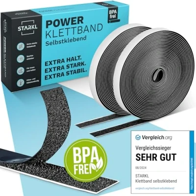 Abbildung von STARKL® Klettband Selbstklebend Schwarz BPA Frei Extra Stark u. Schmal 5m x 10mm Klettverschluss Doppelseitiges für Innen und Außen