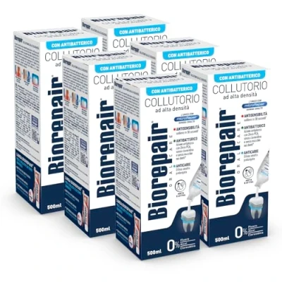 Abbildung von Biorepair, Mundspülung für empfindliche Zähne, 3 in 1: antibakteriell, Anti Karium, Antisensibilität, mit Mikro Repair und PCA Zink. Ohne Fluor Chlorhexidin, Packung 500 ml, 6 Packungen