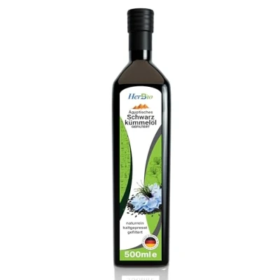 Abbildung von HerbBio ägyptisches Schwarzkümmelöl kaltgepresst gefiltert 500ml schonend in Rohkostqualität 100% naturrein Black seed oil Frischegarantie täglich mühlenfrisch direkt vom HerbBio.