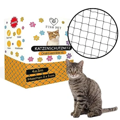 Abbildung von FinoPet Schutznetz Katzennetz für Balkon drahtverstärkt ink. Befestigungsmaterial, BxL: 4x3 m, drahtverstärkt, inklusive ohne bohren, schwarz