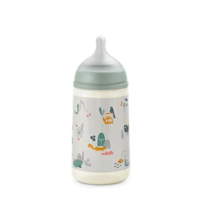 Abbildung von Suavinex, Flasche 270 ml, Mit symmetrischem Sauger SX Pro aus Silikon mittlerem Durchfluss (M). Anti Colik Ventil. Ultradünnes, ultraweiches Silikon. Für Babys, ab 3 Monaten. Walk Grün