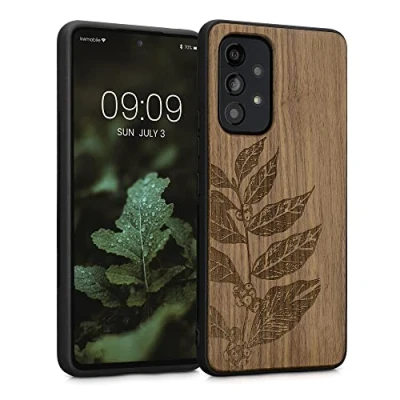 Abbildung von kwmobile Hülle kompatibel mit Samsung Galaxy A53 5G Holz Case Handy Cover TPU Handyhülle in Dunkelbraun Blätterzweig