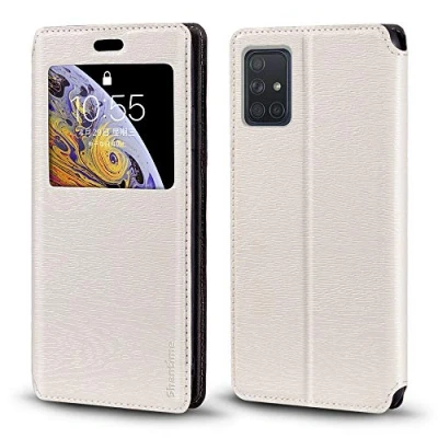 Abbildung von Schutzhülle für Samsung Galaxy A71, Holzmaserung, Leder, mit Kartenhalter und Fenster, Magnetverschluss, A71 (weiß)