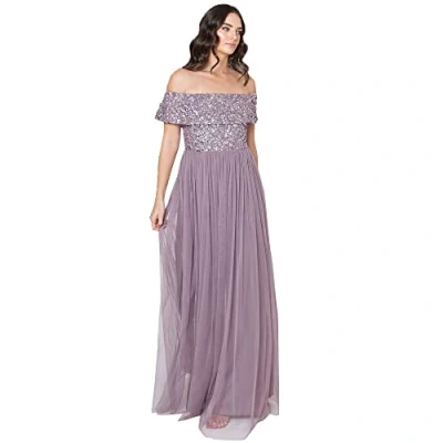 Abbildung von Maya Deluxe Damen Dames Bardot Jurk Voor Vrouwen Maxi Versierd Hight Empire Taille Mouwloze Tulle Bruiloft Guest Brautjungfernkleid, Moody Lilac, 56 EU