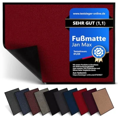 Abbildung von Jan Max Schmutzfangmatte 8 Farben Fußmatte mit 2900g/m2 PP Twisted Heatset Faser 2,4l/m2 Feuchtigkeitsaufnahme Sauberlaufmatte Rot 90 x 150 cm