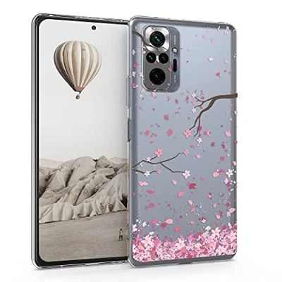 Abbildung von kwmobile Case kompatibel mit Xiaomi Redmi Note 10 Pro Hülle Silikon Transparent Kirschblütenblätter Rosa Dunkelbraun