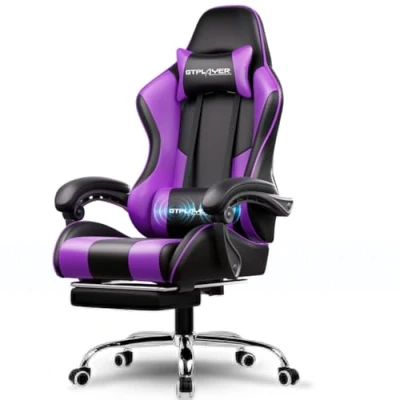 Abbildung von GTPLAYER Bürostuhl Gaming Stuhl Massage Sessel Ergonomischer Gamer mit Fußstütze, Kopfstütze Lendenkissen, Gepolstert Chair, Drehsessel lila