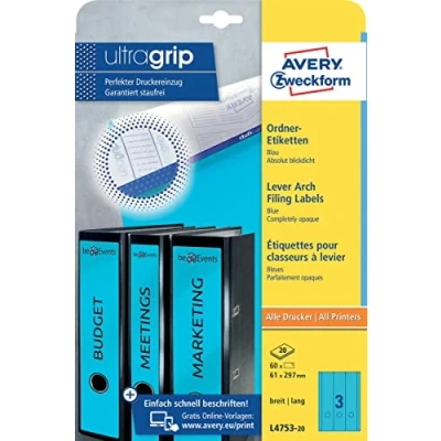 Abbildung von AVERY Zweckform L4753 20 Ordnerrücken Etiketten (60 Rückenschilder mit ultragrip, 61x297mm auf A4, breit/lang, selbstklebend, absolut blickdicht, bedruckbare Ordneretiketten) Blatt, blau