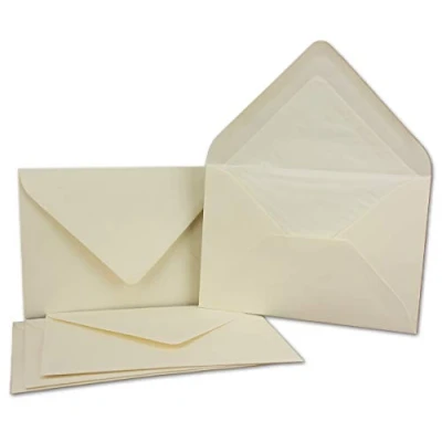 Abbildung von 100x Kuverts in Naturweiss Brief Umschläge DIN B6 12,5 x 17,6 cm geripptes Papier weißes Seidenfutter für Weihnachten &amp; festliche Anlässe