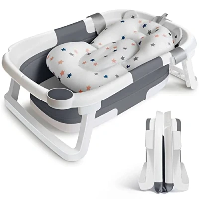 Abbildung von Baby Badewanne Faltbare Babybadewanne, Bathtub Babywanne Wanne Faltbar mit Badewannen Stützkissen Sitzmatte, Rutschfeste Tragbare Reisedusche Badebecken Duschwanne für Neugeborene Kleinkinder