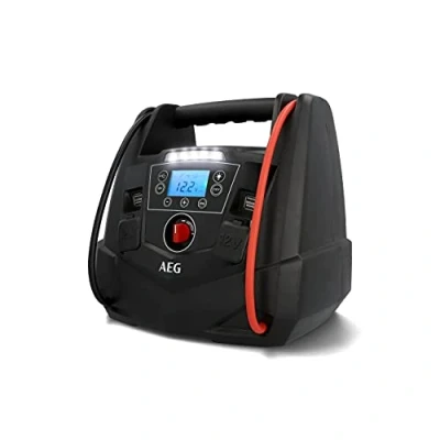 Abbildung von AEG Tragbare 12V Energiestation Auto Starthilfe, Powerstation mit Luftkompressor, 220V Spannungswandler, Steckdose,mit 4 USB, Kompatibel PKW, Schwarz/Rot