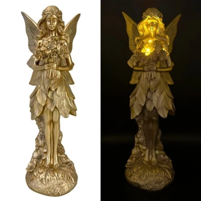 Abbildung von Gartenfiguren Goldener Elfen mit LED beleuchteten Blumen für draußen wetterfest 35 cm hoch Figuren Batteriebetrieb inkl. 6 Stunden Timer