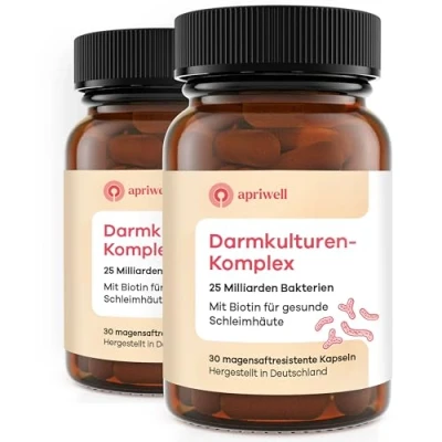 Abbildung von Apriwell Darmkulturen Komplex Fructosefrei 5 Milchsäurebakterien &amp; Bifidobakterien Mit Biotin für die Schleimhaut magensaftresistent ohne Inulin 60 vegane Kapseln