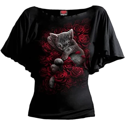 Abbildung von Spiral Bed of Roses Boat Neck Bat Sleeve Top Schwarz S