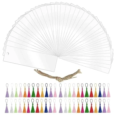 Abbildung von 30 Stück Rechteckige Acryl Lesezeichen, BetterJonny Blanko Lesezeichen Rohling mit 36 Bunten Quaste Leere Craft Transparente für DIY Basteln Notizbuch, 12 * 3.2cm