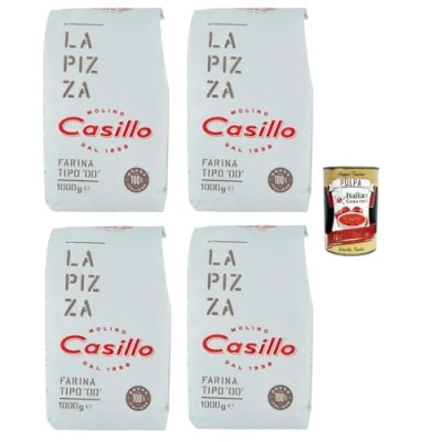 Abbildung von 4x Selezione Casillo Farina per Pizza &#039;00&#039;, Weizenmeh Napoli Pizzamehl Mehl 1kg + Italian Gourmet polpa 400g