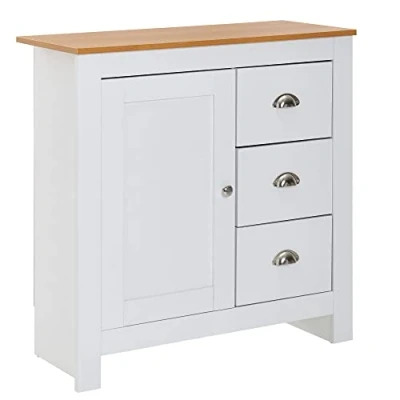 Abbildung von möbelando Sideboard mit 3 Schubladen 79x81x35 cm Kommode Weiß/Eiche Modern Design Anrichte Hoch Tür Schubladenkommode Wohnzimmer