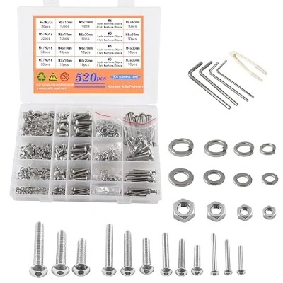 Abbildung von newlng Schrauben set M3 M4 M5 M6 und Muttern Unterlegscheiben Schraubenschlüssel, 304 Edelstahl Linsenkopfschrauben Rund Knopfkopf Schraubenset mit Sortiment Box 525pcs