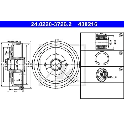 Abbildung von ATE 24.0220 3726.2 Bremstrommel mit Radlager, ohne ABS Sensorring 243,0 FORD: FIESTA 5, Fusion Kombi, 5 Van, MAZDA: 2 Hatchback