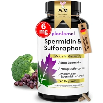 Abbildung von Spermidin Kapseln hochdosiert mit Sulforaphan 6mg und 70mg aus Brokkolisprossen Extrakt 3 Monatsvorrat