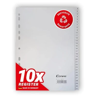 Abbildung von Conipa® 10er Set 1 31 Register für Ordner DIN A4 (MADE IN GERMANY) Registerblätter &amp; Trennblätter mit Zahlen (nummeriert) Kunststoff (PP) Trennregister Akten, Ringbücher Hefter (Grau)