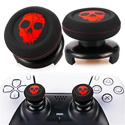 Abbildung von Playrealm FPS Thumbstick Extender &amp; Drucken Gummi Silikon Griffabdeckung Thumb Grip Aufsätze 2 Sätze für PS5 PS4 Controller(Ghost Red)